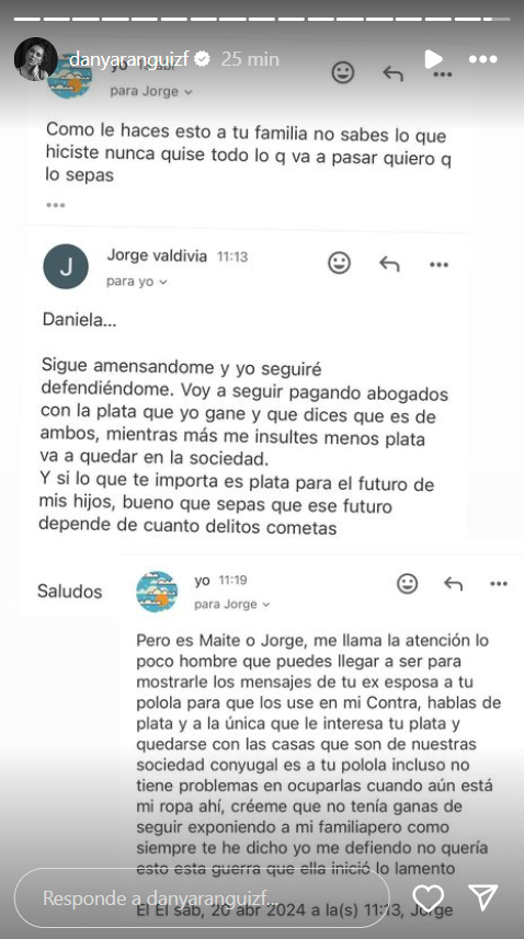 Pantallazo de la historia de Daniela Aránguiz donde expone presuntos correos con Jorge Valdivia 