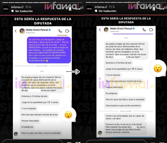 Historias de Infama donde muestra la supuesta conversación de Maite Orsini con una usuaria de redes sociales