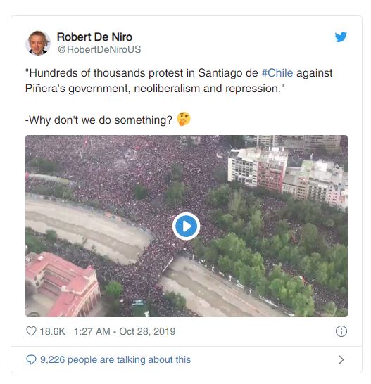 El tuit de Robert De Niro apoyando a Chile era falso - m360.cl