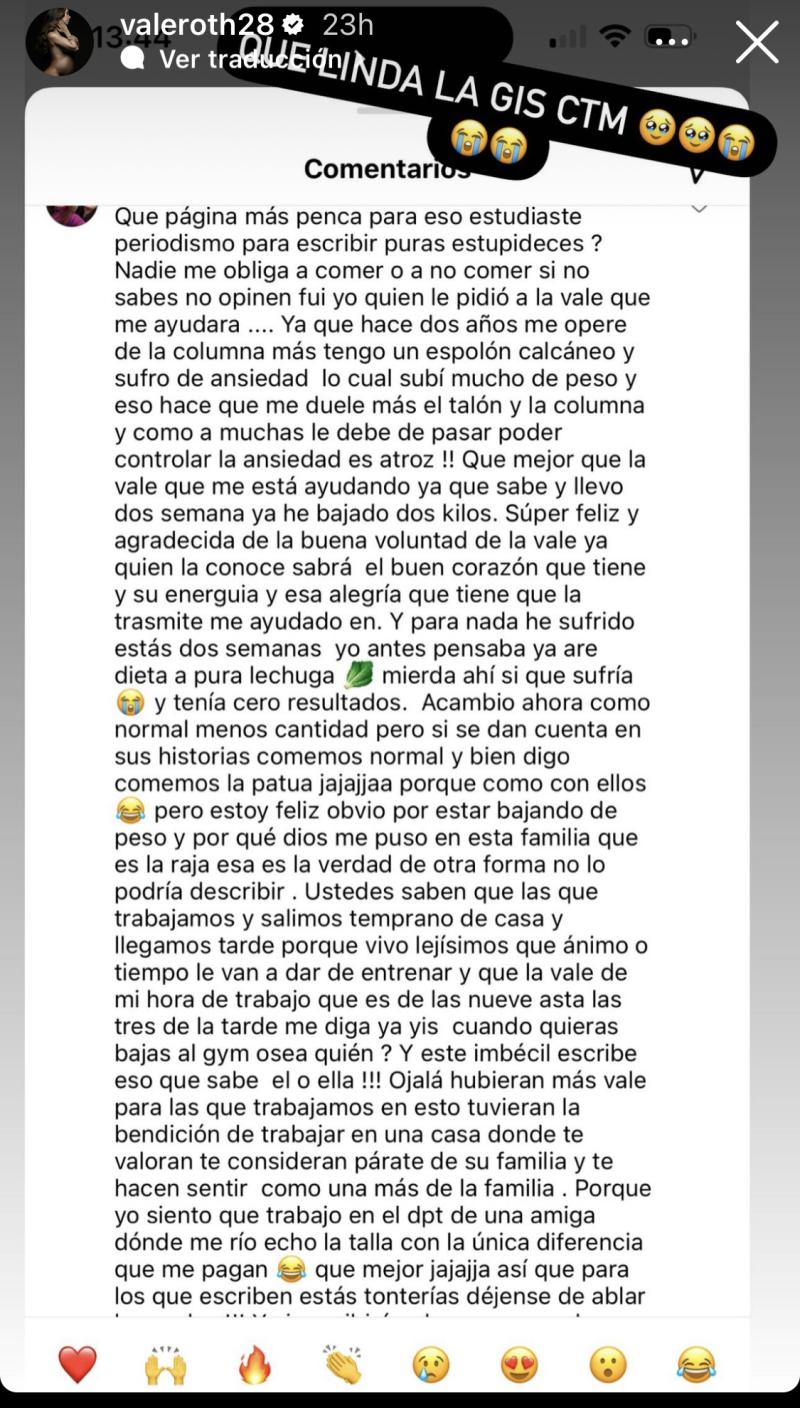 Captura de pantalla con texto de la asesora del hogar de Valentina Roth