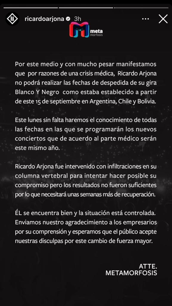 Pantallazo del perfil de Ricardo Arjona informando la cancelación de sus conciertos por problemas de salud