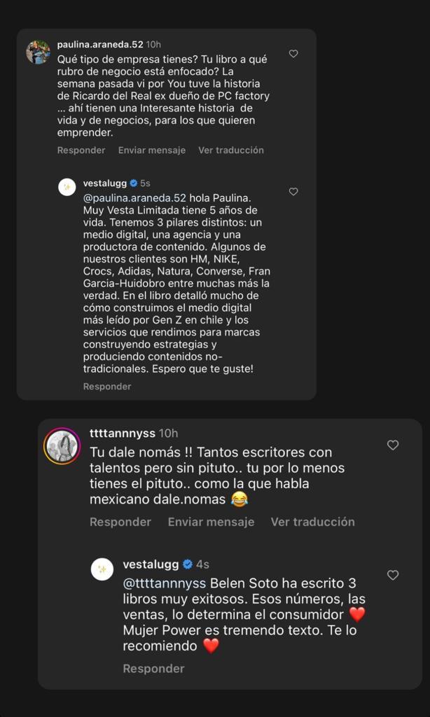 Captura de pantalla de los comentarios que recibió Vesta y su respectiva respuesta