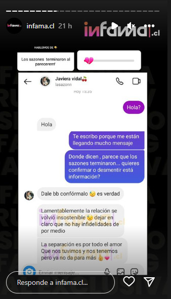 Confirmación de Javiera Vidal vía DM