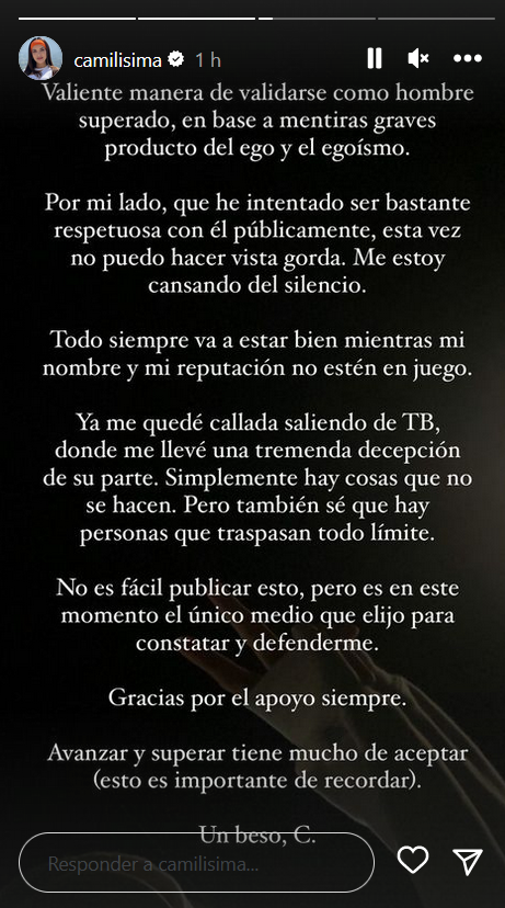 Pantallazo de la historia de Camilisima. En la imagen aclara los dichos de Sebastián Ramírez