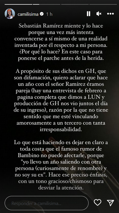 Pantallazo de la historia de Camilisima. En la imagen aclara los dichos de Sebastián Ramírez