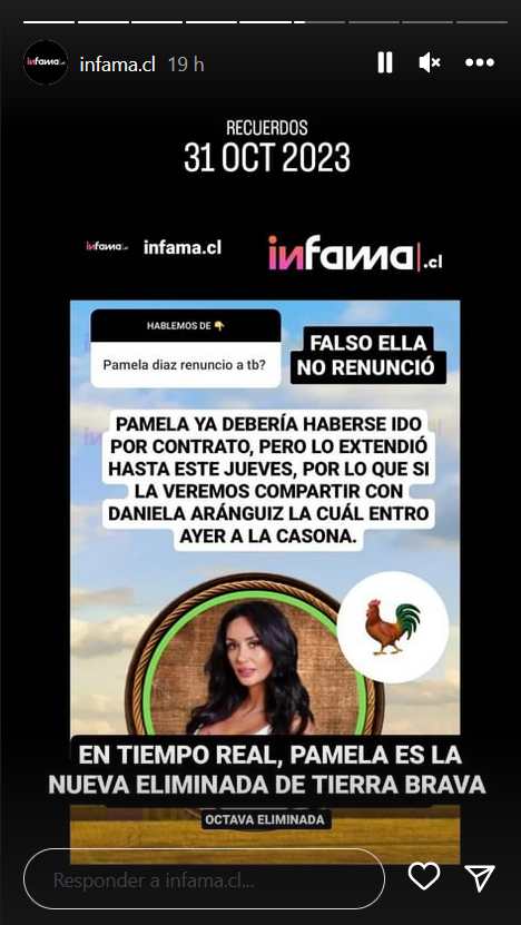 Pantallazo de la historia de Infama. En la imagen se observa la nueva eliminada de Tierra Brava