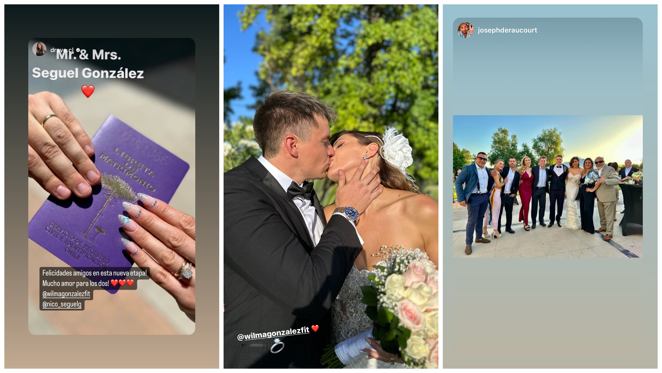 Libreta de matrimonio / Wilma junto a Nicolás Seguel ya casados / Wilma y Nico junto a invitados de su fiesta