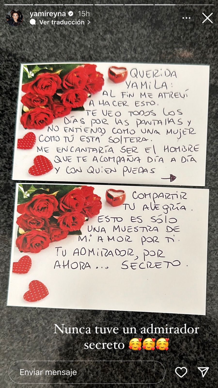 Historia de Yamila Reyna donde muestra el escrito de la carta enviada por su admirador