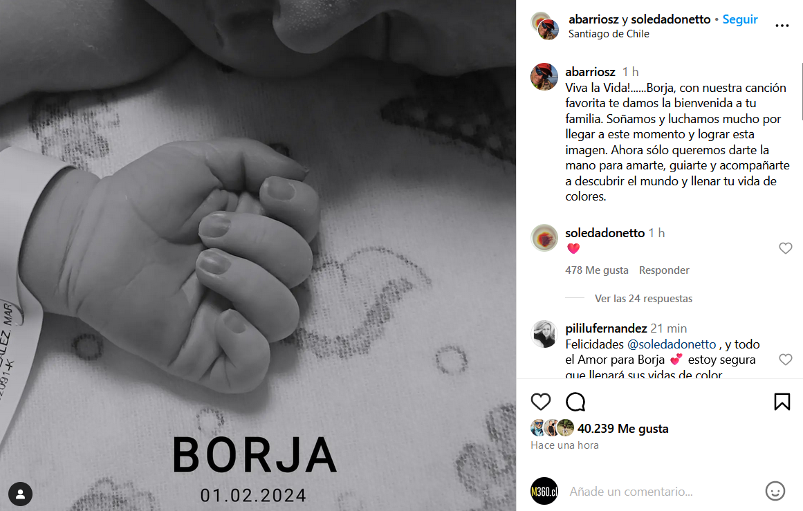 Fotografía publicada por Soledad Onetto en su perfil de Instagram para dar la bienvenida a su hijo, Borja