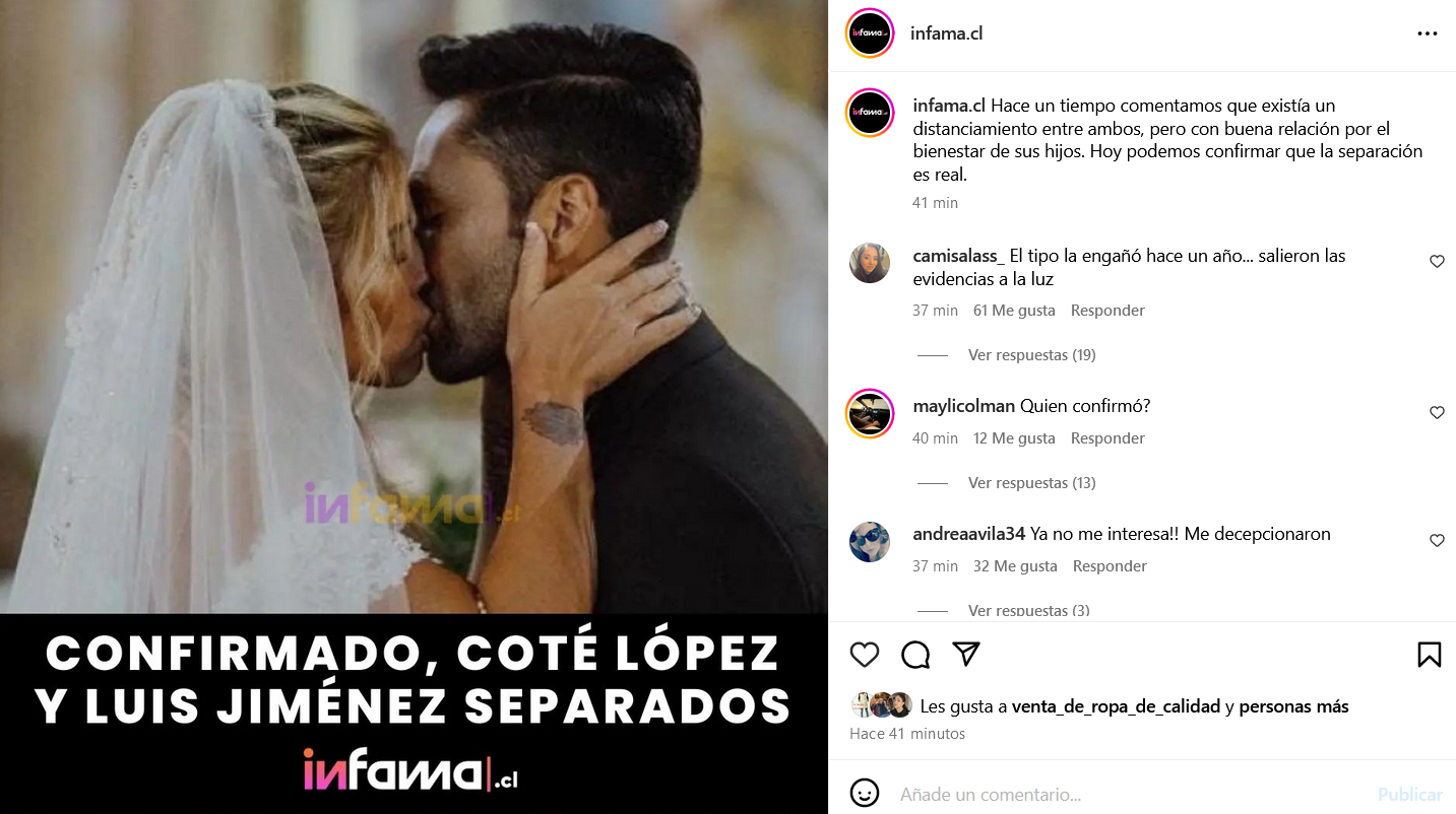 Pantallazo de la publicación de Infama donde confirman el término entre Mago y Coté