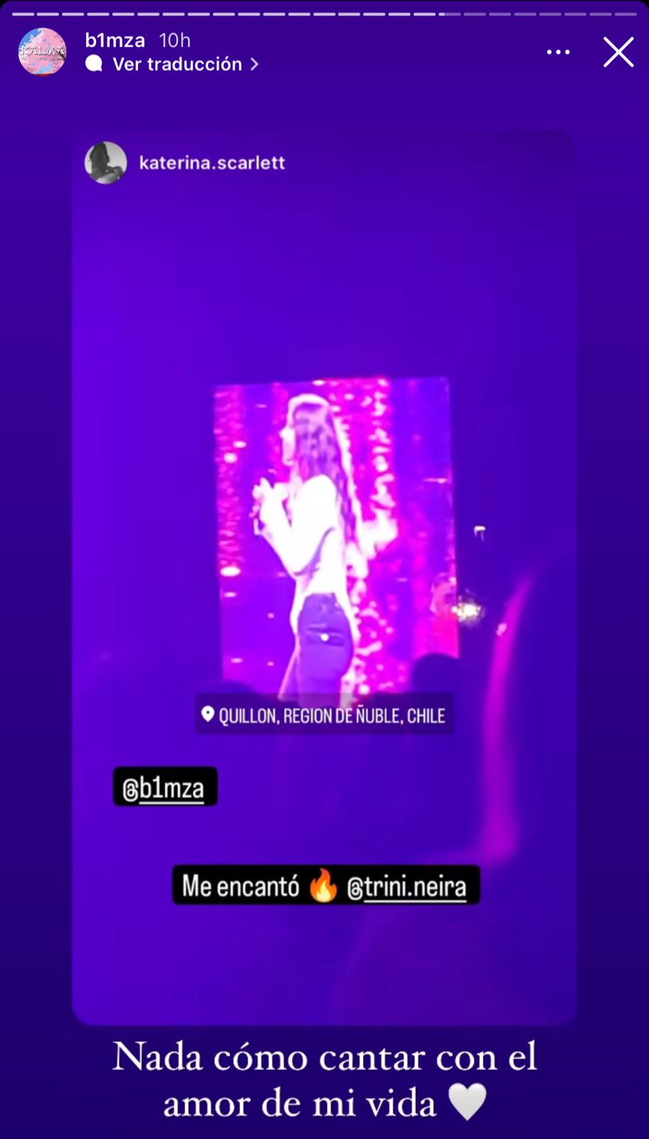 Pantallazo de la historia de Bimza donde le dedica emotivas palabras a su pareja, Trini Neira