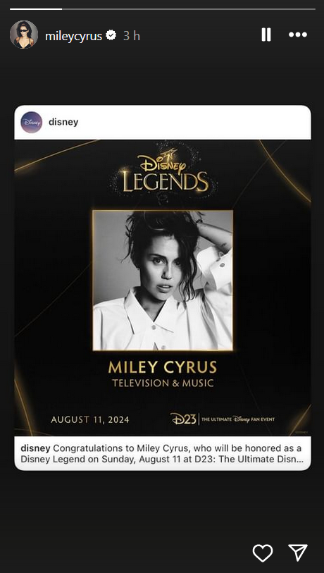 Historia de Miley Cyrus compartiendo con orgullo la noticia 
