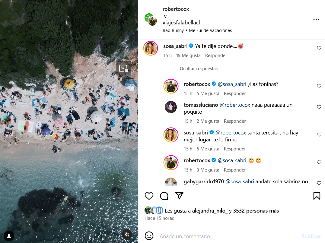 Publicación de Roberto Cox coquetenado con Sabrina Sosa