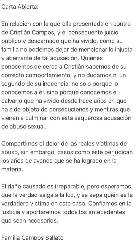 Carta de la familia Campos en defenda del actor 