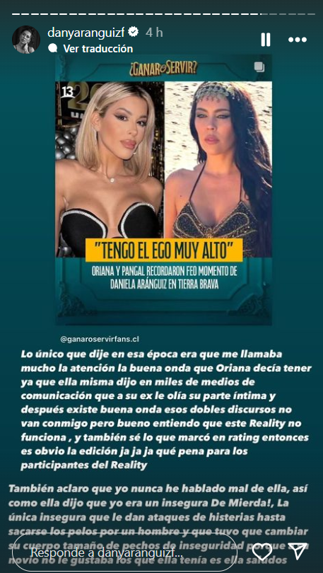 Historia de Daniela Aránguiz desquitándose por comentarios de Oriana Marzoli