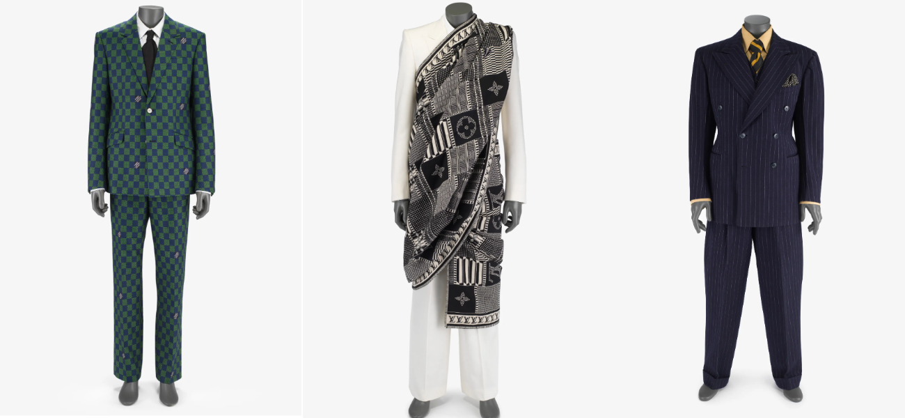 Primer traje de Pharrell Williams para Louis Vuitton - Segundo traje de Virgil Abloh para Louis Vuitton - Tercer traje es una cortesía de Benny Reese