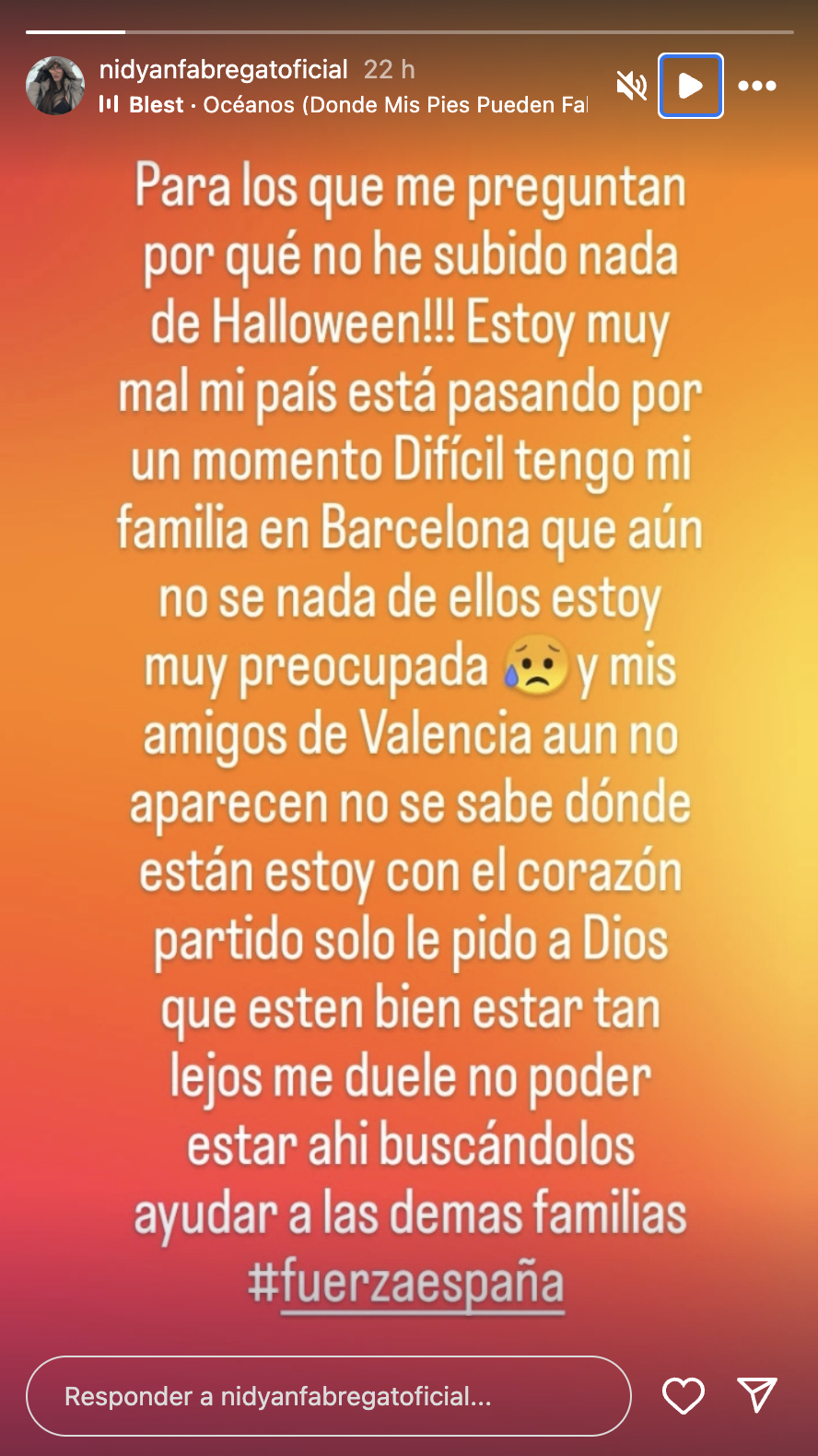 Historia de Nidyan Fabregat donde revela su preocupación por el paso de la DANA en Valencia y Barcelona, España
