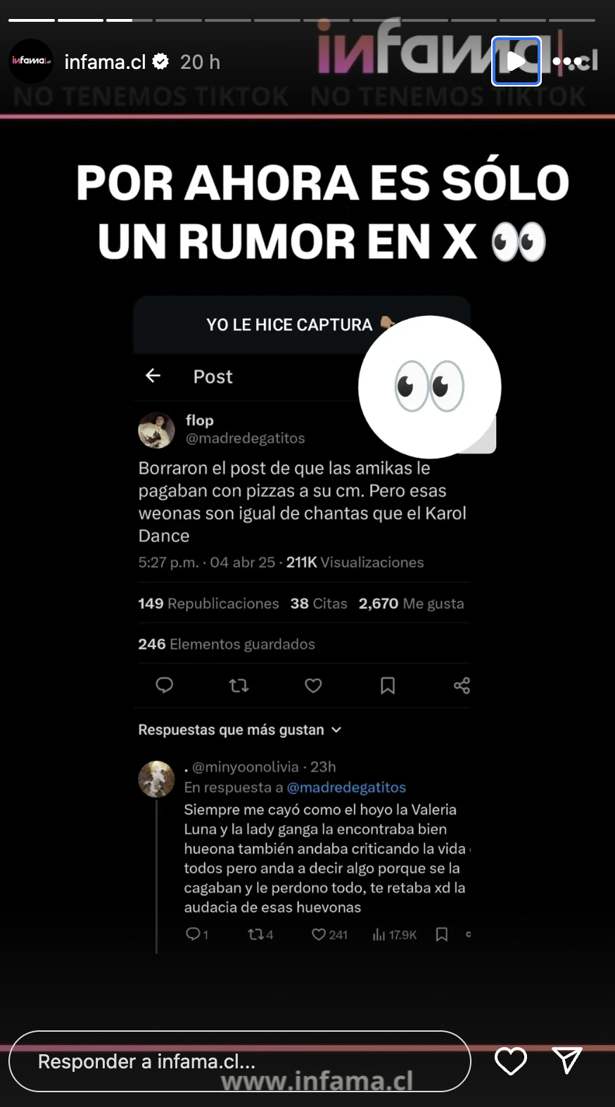 Historia de Infama que compartió el rumor en redes sociales. 